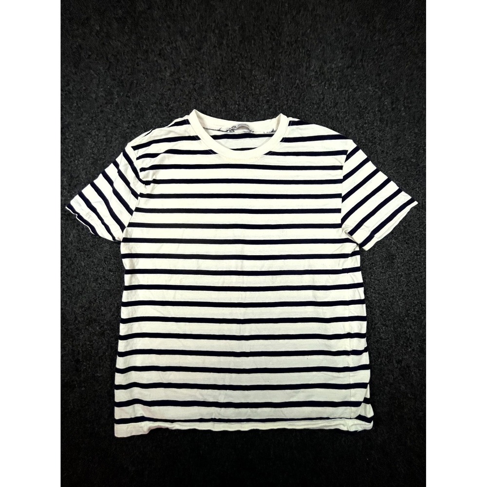 Zara T Shirt Womens Small Navy White Striped Crew Neck Short Sleeve Pullover